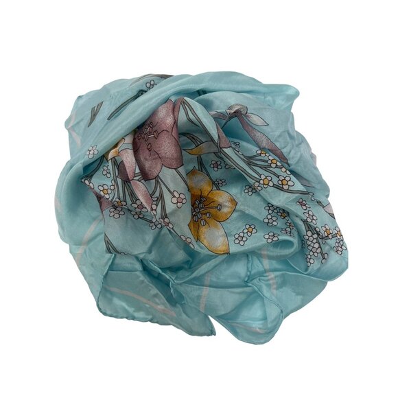 Floral Cosmos Print Sheer Square Scarf 27 Inches Light Blue Yellow Pink Light - Picture 2 of 4